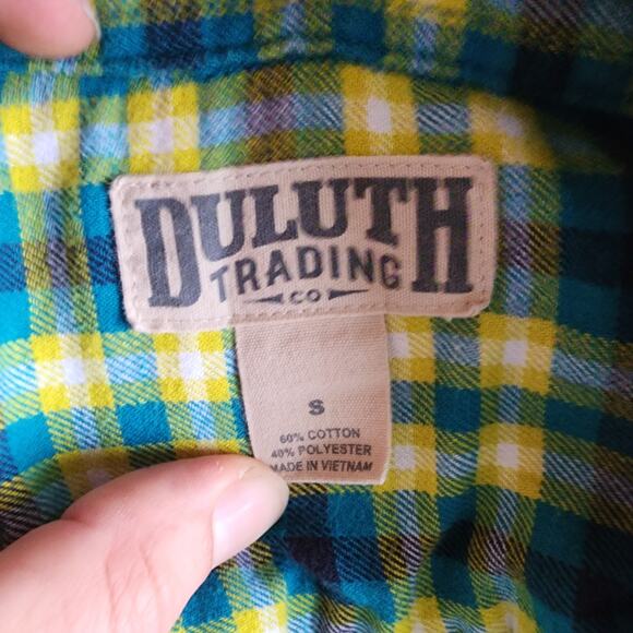 Duluth Trading Co Men's Small Green Yellow Plaid Cotton Poly Button Up Shirt - Picture 5 of 6
